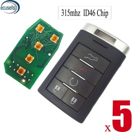 5PCS/LOT, 5 Button Card Smart Remote Key Fob 315MHZ ID46 Chip For Cadillac SRX,XTS,ATS 2010-2015