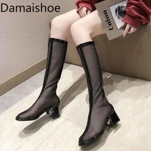 2021 Summer Net Celebrity Long Boots Female Chunky Heel Hollow-out Martens Boots Breathable Mesh Roman Sandals High Tube Sandal