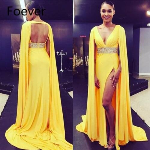Dubai Long Cap Sleeve Yellow Evening Gowns with High Split Beaded Belt Sexy Open Back Formal Prom Dresses