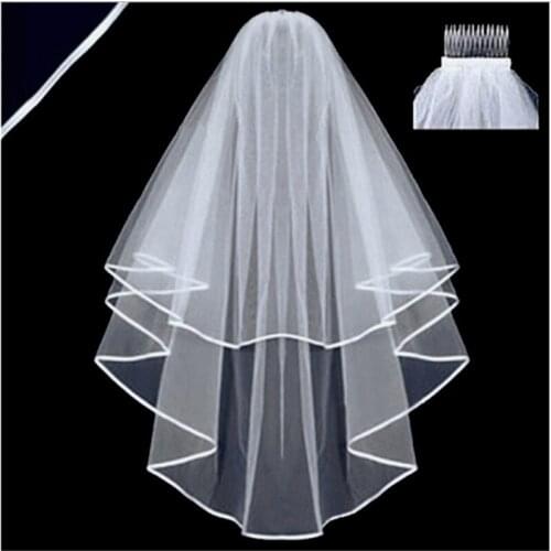 Elegant Beauty Two Layers Short Net Tulle Bride Veil Long Lace Edge