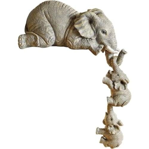 Mother and Baby Elephant Family Figurines Hand-Painted Resin Sculptures Hanging Off Edge of Shelf Table Home Decoration