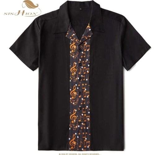 SISHION Music Symbol Print Men Shirt ST125 Musician Plus Size Black Cotton Bowling Button Up Short Sleeve Casual Shirts