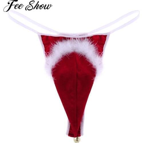 Red Mens Lingerie Velvet Santa Hat Christmas Sissy Briefs Panties Holiday Fancy Cosplay G-string Thong Underwear with Small Bell