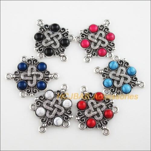 New 6Pcs Tibetan Silver Color Knot Mixed Acrylic Charms Flowers Connectors 30x37mm