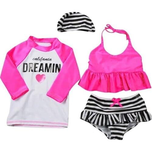 New Swimwear Set 2020 Summer Beach Clothes Kids Baby Girls Striped Cartoon Tops Shorts Swimwear Kids Swimsuit Outfits 8003