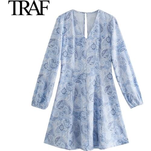 Traf Za Women Fashion French Elegant Long Sleeve Dresses Boho Vintage Print Mini Dress Vestidos Mujer