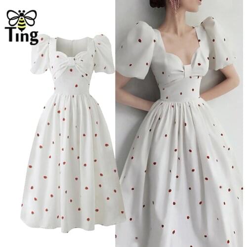 Tingfly Vintage Elegant Bow Neckline Puff Sleeve Summer Casual A Line Dress Women Fashion Street Chic France Retro Elbise Robes