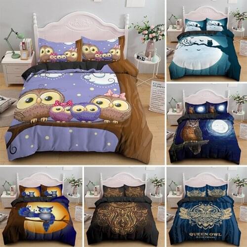 Drop Shipping Cartoon Cute Night Owl Duvet Cover Sets Single King Bedding Set 2/3PCS With Pillowcase Bedclothes For Kids Adult