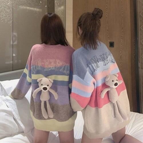 Oversized Pullover Sweater Best Friend Rainbow Color Cute Bear Korean Style Knit Sweater Top 2021 Fashion Autumn Knitted Jumper