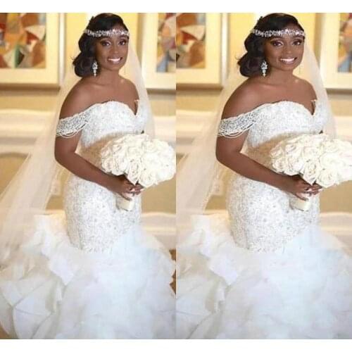 Luxury African Off Shoulder Mermaid Wedding Dresses Organza Ruffles Lace Appliques Crystal Beaded Formal Plus Size Bridal Gowns