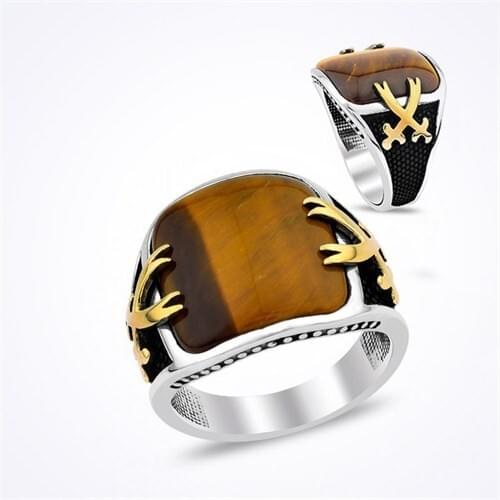 Mina Silver Tiger 'S Eye Square Cubic Zirconia Zulfiqar Sword Silver Ring