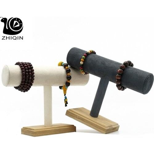 1Pc Bamboo Wooden Single Tier T-Bar Rack Bracelet Watch Bangle Display Holder Stand Dark Gray/Beige Velvet Jewelry Organizer