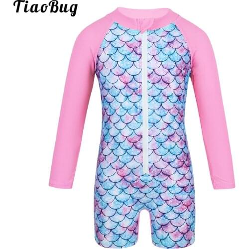 TiaoBug Infant Baby Girls One-Piece Long Sleeves Mermaid Fish Sales Pattern Printed Rash Guard Swimsuit Swimwear Bathing Suit