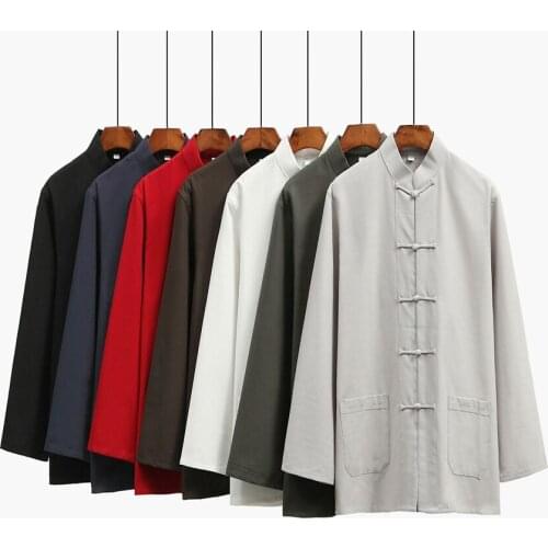 Cotton Traditional Chinese Costumes Men Full Sleeve Shirt Solid Color Tang Suit Casual Man Autumn Kung Fu Suit Tai Chi Uniform