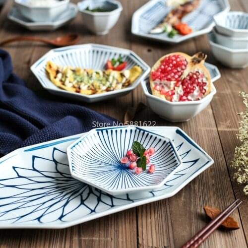 Japanese Blue and White Series Ceramic Dinnerware Porcelain Sushi Plate Octagon Shape Dish Rice Bowl Cheap Bowls