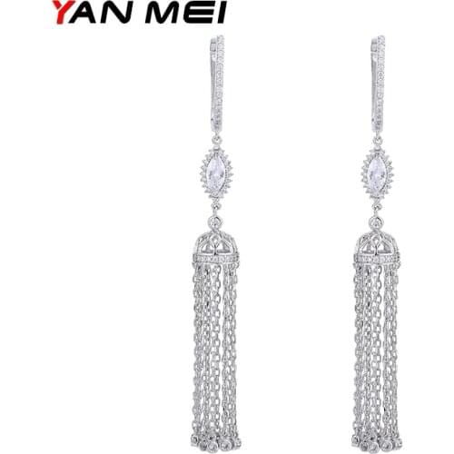 YAN MEI Trendy AAA Cubic Zirconia Long Tassel Dangle Earrings Women Party Jewelry