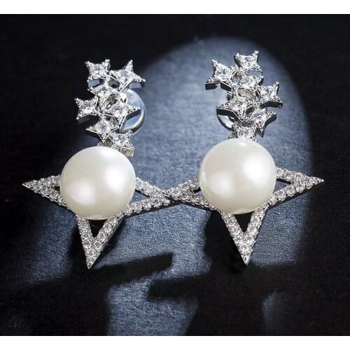 AAA+ Fashion Micro Mosaic Top Cubic Zirconia And Pearl Cross Star Earrings Dual Used Silver Stud Earrings Monaco For Women