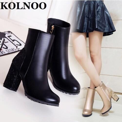KOLNOO New Handmade Ladies 8.5cm Chunky Heels Ankle Boots Patchwork Glitter Four Colors Party Martin Bootie Fashion Winter Shoes