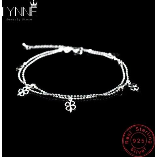 Newest Fashion 925 Sterling Silver Double Layer Small Ball Chain Anklet Lucky Clover Pendant Anklets Bracelet For Women Jewelry