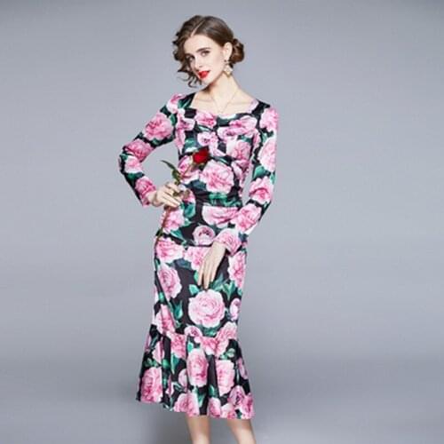 Runway Rose Floral Trumpet Pleated Satin Womens Dress Sexy Square Collar Long Sleeve Flower Print Female Beach Bodycon Dress