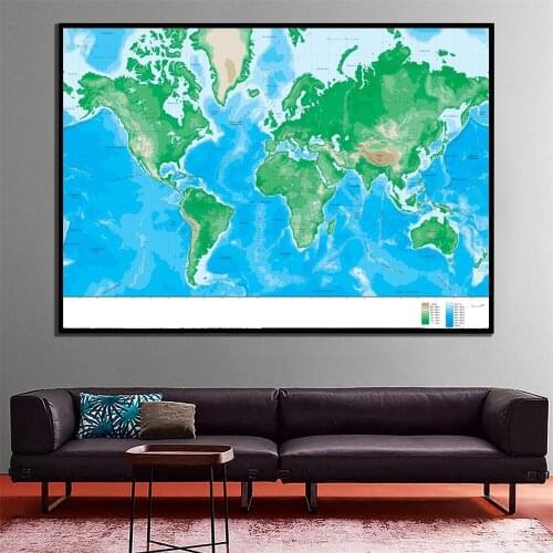 A2 Size World Elevation Map Waterproof Fine Canvas Wall Map Spray Painting For Home Decor Crafts