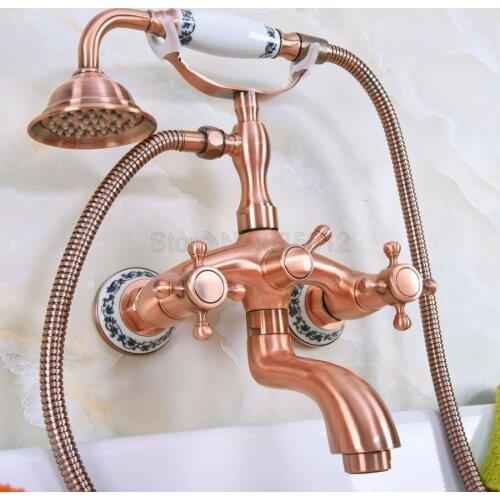 Antique Red Copper Wall Mounted Clawfoot Bathtub Faucet telephone style Bath Shower Water Mixer tap with Handshower tna325
