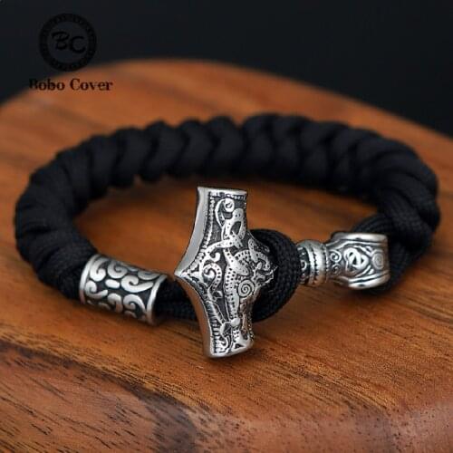 Nordic Vikings Stainless Steel Bracelets Men Knife Pendant Thors Hammer Lanyard Rope Bangles Mjolnir Amulet Accessories Jewelry