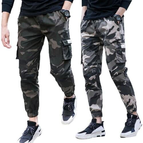 Camo Men Thin Multi-Pocket Ankle Tie Elastic Waist Straight Cargo Pants Trousers