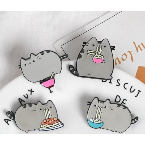 Bloated Fat Grey Cartoon Cat Enamel Pins Greedy Eat all kinds of noodles Badges Brooches for Women Men Kids Jewelry wholesale