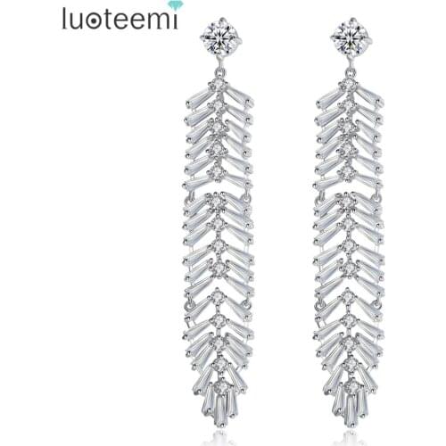 LUOTEEMI Fashionable Sparkling Leaf Shape Long Dangle Drop Earrings for Women Girls Dating Wedding with Top Clear CZ Brincos
