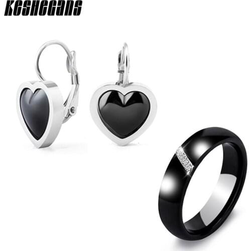 Fashion Ceramic Jewelry Set Heart Earrings & Crystal Rings Black White Color For Women Girls Party Wedding Jewelry The Best Gift