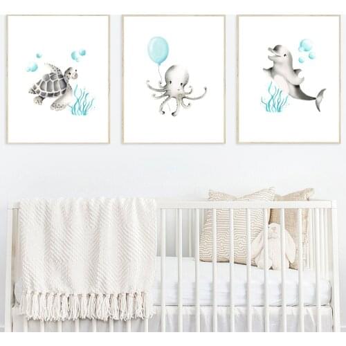 Sea Animal Dolphin Turtle Octopus Wall Art Canvas Painting Cartoon Posters And Prints Wall Pictures Girl Boy Kids Room Decor