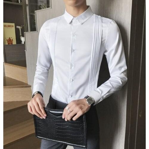 LT124* Male plain pleated Long Sleeve Shirt men White Collar Youth casual P45