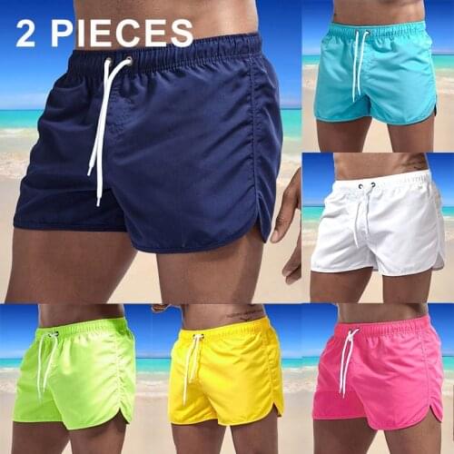 Summer 2 Pieces Swimming Shorts for Men Swimwear Man Swimsuit Swim Trunks Bathing Beach Wear Surf Beach Short Board Pants 2021