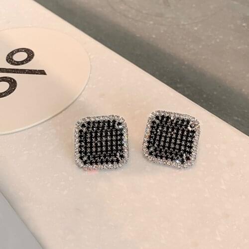 Charming Square Zircon Wedding Earrings Luxury Female Black Crystal Stone Earrings Vintage Silver Color Stud Earrings For Women