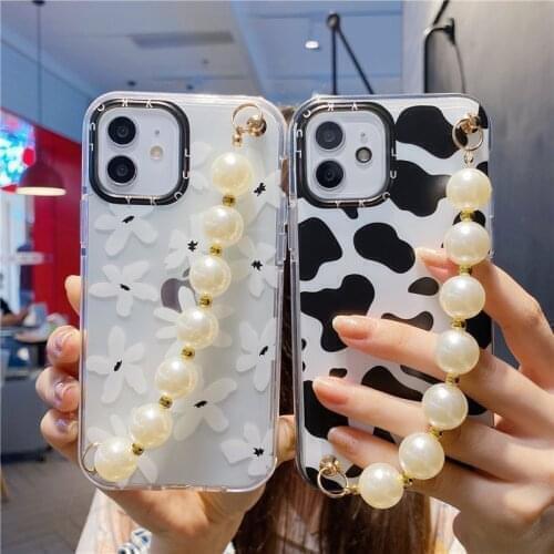 Cute Cow Flowers Pattern Pearl Bracelet Soft Phone Case For iphone 12 Pro Max 11 11Pro MAX X XS XR 7 8 6 s plus Back Cover