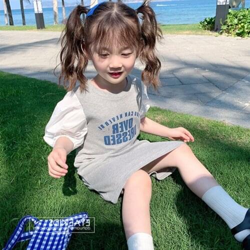 Letters Printed Dress for Girl 2021 Fashion Summer Clothing Lantern Sleeve Knee-Length Dress O-Neck Casual A-Line Dress for Kids