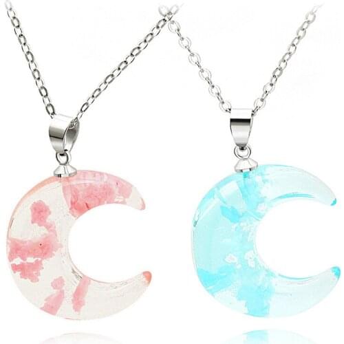 Resin Crystal Blue Moon Crescent Pendant Necklace Women Girl Cute Lovely Minimalism Jewelry