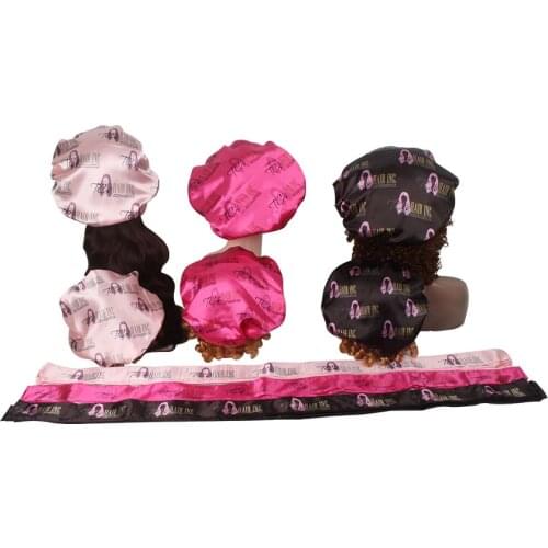 Custom Full repeat logo hair satin wrap edge control head band 2 layer bonnet cap all over the logo printing frontal headband