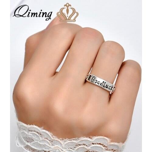 QIMING Personality Good Luck Rings For Women Girls Letter Carved Korean Style Adjustable Vintage Jewelry Knuckle Ring Gift