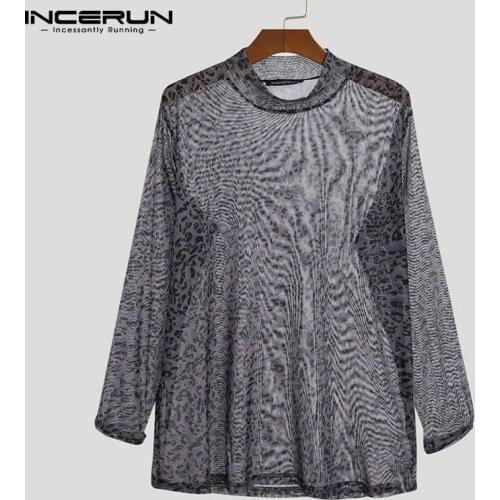 INCERUN Mens Long Sleeve Shirts See-through Printed Nightclub Casual Tops Animal print Stretch Turtle-neck Top Bottoming Shirt