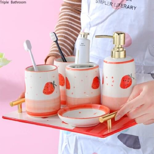 Cute Strawberry Print Ceramic Five Piece Set Soap Dish Toothbrush Holder Gargle Cup Soap Dispenser Bathroom Accessories Set