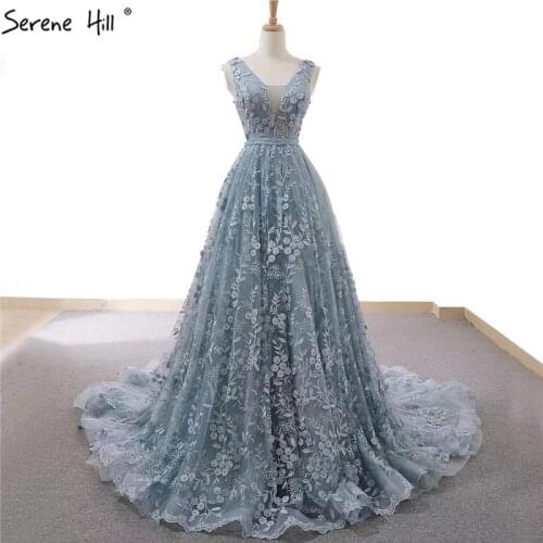 Grey Blue Handmade Flowers Pearls Wedding Dresses 2020 Sexy V-Neck Sleeveless Bridal Gowns Real Photo Custom Made HM66729