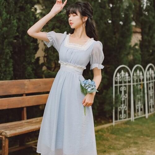 Blue Gentle Fairy Dress Women French Ruffled Square Collar Elegant Fashion Flare Sleeve Sweet Party Vestidos Summer 2021 New