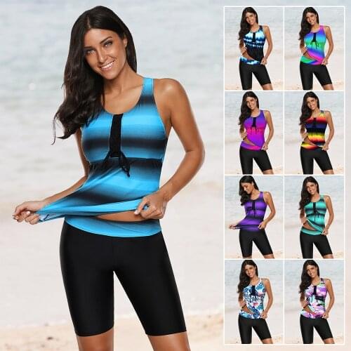Tankini Plus Size Women Striped Conservative Swimsuit Contrast Color Sleeveless Surfing Suit With Chest Pad 10 Colors Hot Sale