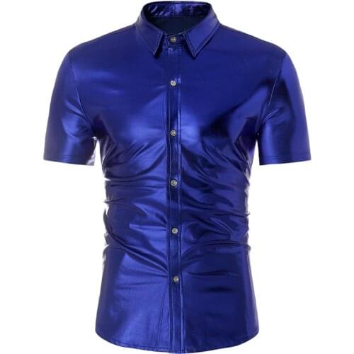 Royal Blue Coated Metallic Shirt Men Stage Dance Prom Night Club Wear Mens Short Sleeve Slim Fit Elastic Shirt Chemise Homme