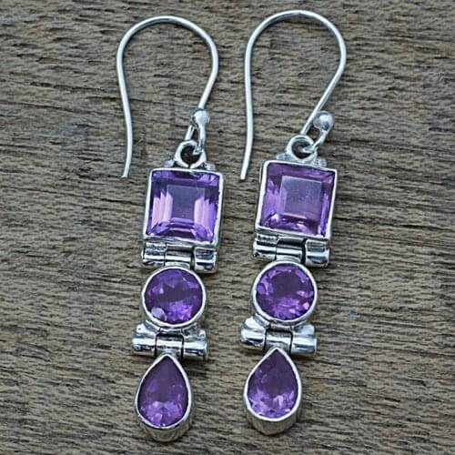 Boho Purple Sliver Plated Crystal Dangle Drop Earrings Jewelry for Women
