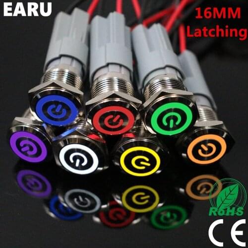 16mm Waterproof Press Metal Push Button Switch LED Light Power 5V 12V 24V 220V Red Blue Yellow Green Self-lock Fixation Latching