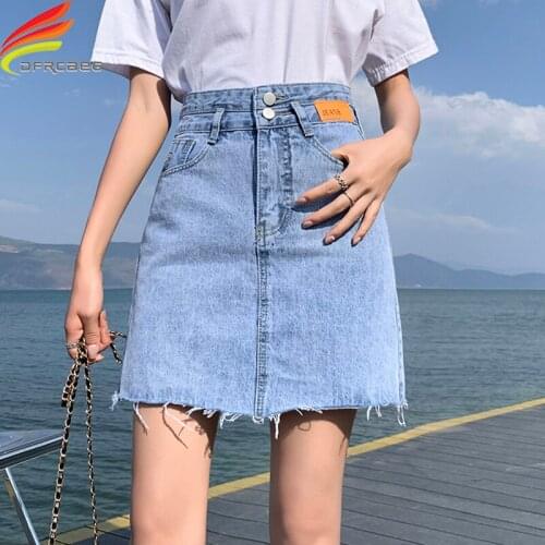 Denim Skirt Women Summer 2021 Blue Solid Casual High Waist A Line Denim Skirts Epaulet Pockets Button All-matched Jeans Skirt