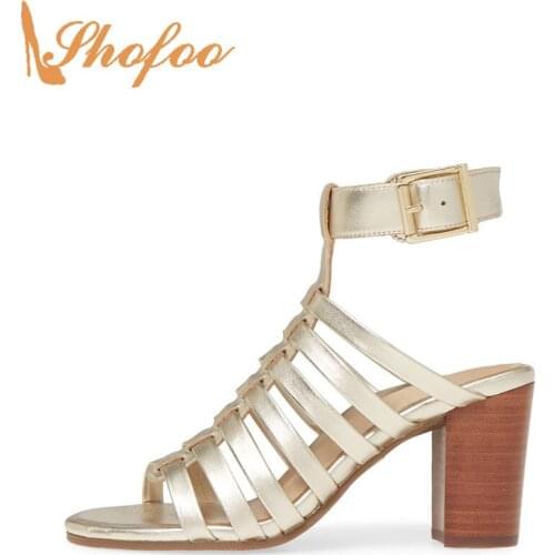 Gold Women Sandals Narrow Band High Chunky Heels Buckle Ankel T Strap Ladies New Fashion Mature Shoes Large Size 13 15 Shofoo